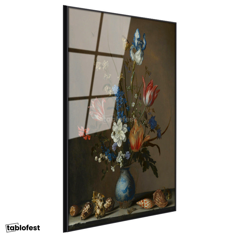 Siyah Renk Metal Çerçeveli Tamperli Cam Tablo Jan van Huysum Vazolu Çiçekler Deniz Kabukları Ressam Tablosu Dekoru