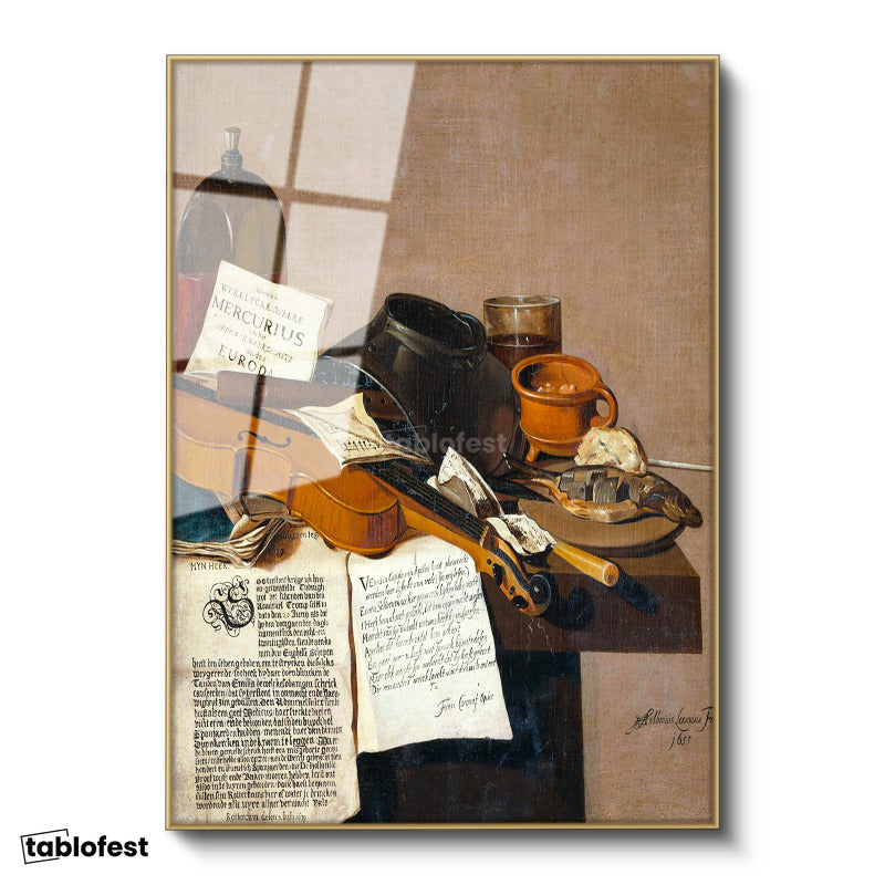 Altın Renk Metal Çerçeveli Tamperli Cam Tablo R.R.L.F. Keman ve Kitaplar Vanitas Karanlık Ressam Tablosu Dekoru