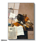Gümüş Renk Metal Çerçeveli Tamperli Cam Tablo R.R.L.F. Keman ve Kitaplar Vanitas Karanlık Ressam Tablosu Dekoru