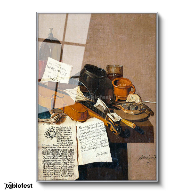 Gümüş Renk Metal Çerçeveli Tamperli Cam Tablo R.R.L.F. Keman ve Kitaplar Vanitas Karanlık Ressam Tablosu Dekoru