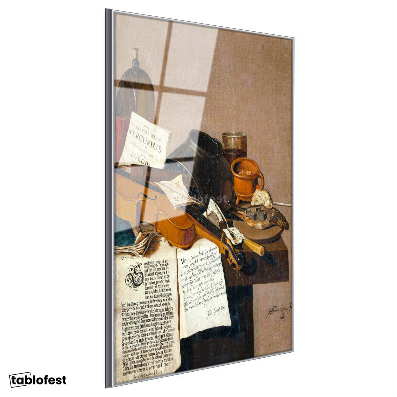 Gümüş Renk Metal Çerçeveli Tamperli Cam Tablo R.R.L.F. Keman ve Kitaplar Vanitas Karanlık Ressam Tablosu Dekoru