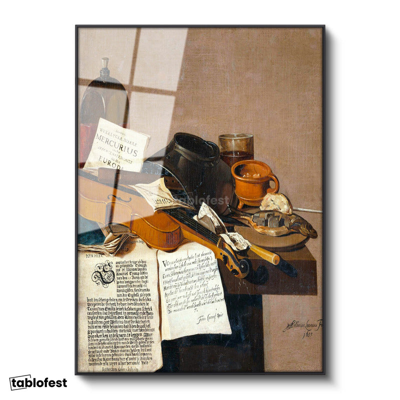Siyah Renk Metal Çerçeveli Tamperli Cam Tablo R.R.L.F. Keman ve Kitaplar Vanitas Karanlık Ressam Tablosu Dekoru