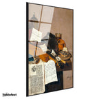 Siyah Renk Metal Çerçeveli Tamperli Cam Tablo R.R.L.F. Keman ve Kitaplar Vanitas Karanlık Ressam Tablosu Dekoru