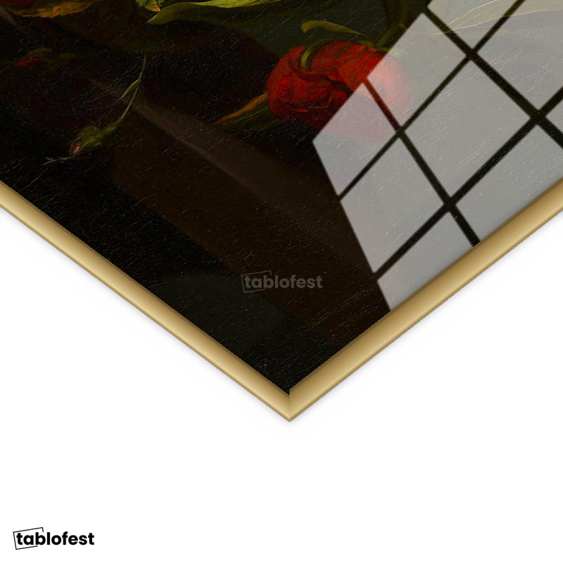Altın Renk Metal Çerçeveli Tamperli Cam Tablo Jan van Huysum Lale ve İris Karanlık Fonlu Çiçek Ressam Tablosu Dekoru