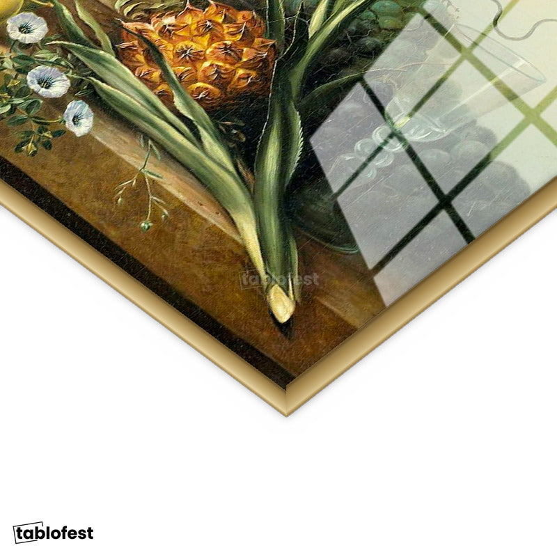Altın Renk Metal Çerçeveli Tamperli Cam Tablo Jan van Huysum Meyve ve Çiçekler Ananaslı Vazoda Ressam Tablosu Dekoru