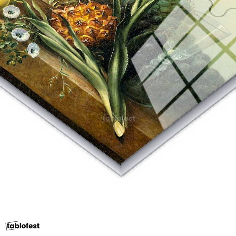 Gümüş Renk Metal Çerçeveli Tamperli Cam Tablo Jan van Huysum Meyve ve Çiçekler Ananaslı Vazoda Ressam Tablosu Dekoru