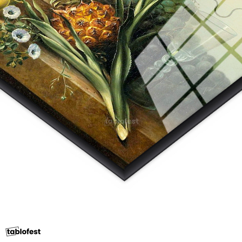 Siyah Renk Metal Çerçeveli Tamperli Cam Tablo Jan van Huysum Meyve ve Çiçekler Ananaslı Vazoda Ressam Tablosu Dekoru