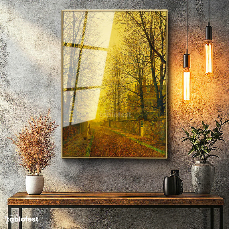 Altın Renk Metal Çerçeveli Tamperli Cam Tablo J.A. Grimshaw Sonbahar Yolu Yürüyen Figür Gündoğumu Ressam Tablosu Dekoru