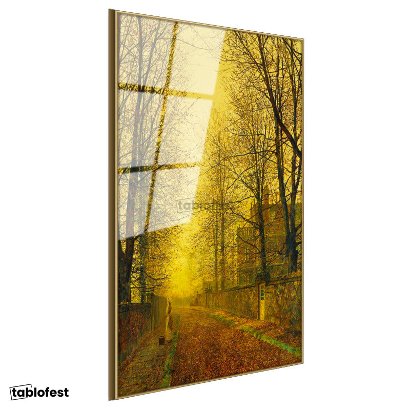 Altın Renk Metal Çerçeveli Tamperli Cam Tablo J.A. Grimshaw Sonbahar Yolu Yürüyen Figür Gündoğumu Ressam Tablosu Dekoru