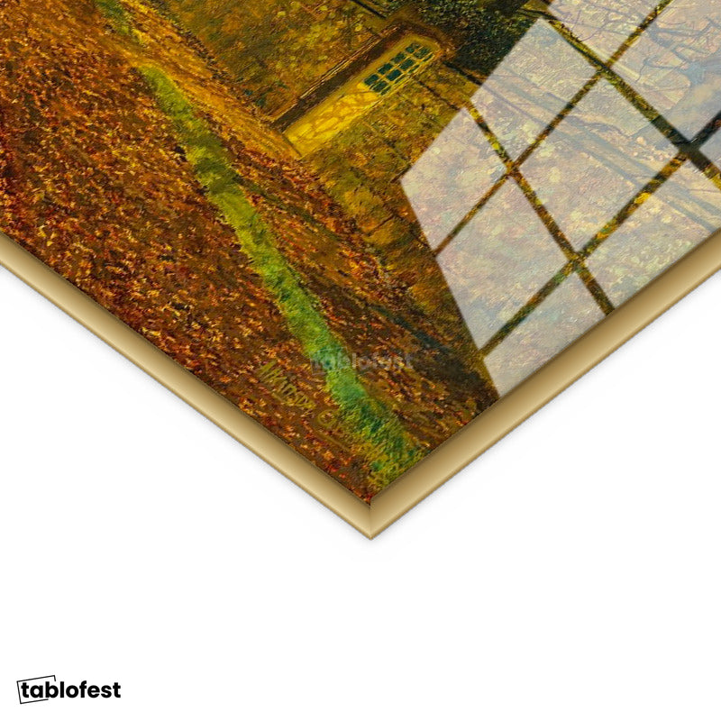 Altın Renk Metal Çerçeveli Tamperli Cam Tablo J.A. Grimshaw Sonbahar Yolu Yürüyen Figür Gündoğumu Ressam Tablosu Dekoru