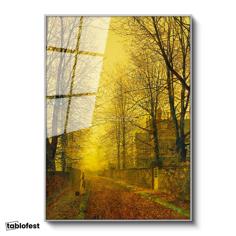 Gümüş Renk Metal Çerçeveli Tamperli Cam Tablo J.A. Grimshaw Sonbahar Yolu Yürüyen Figür Gündoğumu Ressam Tablosu Dekoru