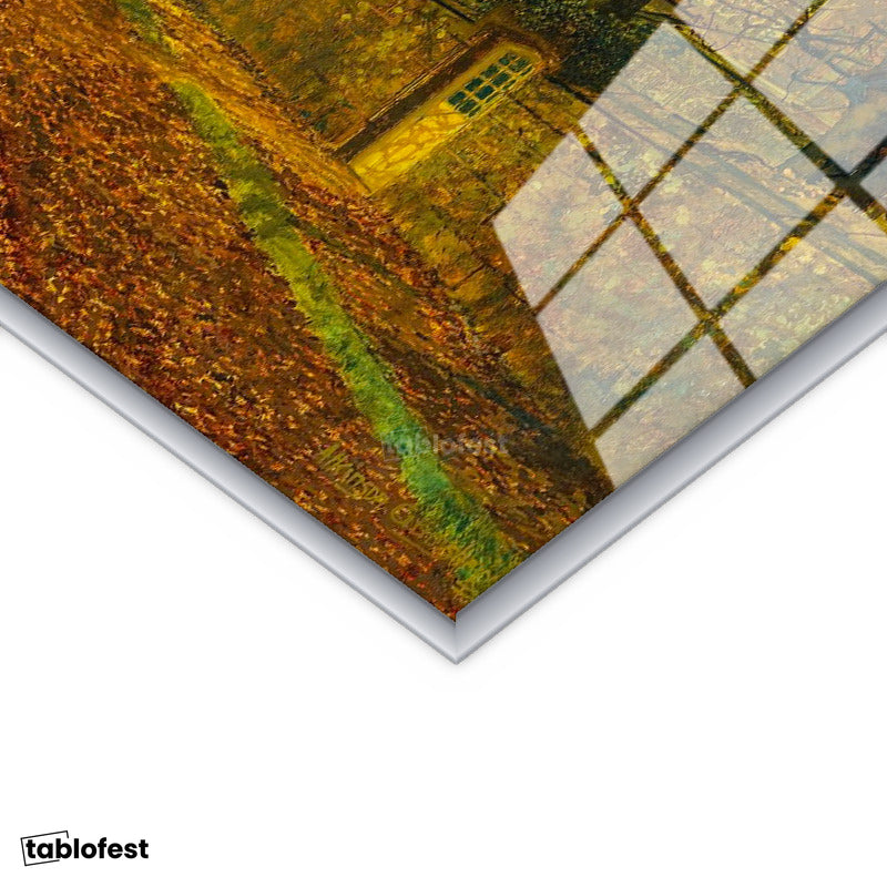 Gümüş Renk Metal Çerçeveli Tamperli Cam Tablo J.A. Grimshaw Sonbahar Yolu Yürüyen Figür Gündoğumu Ressam Tablosu Dekoru