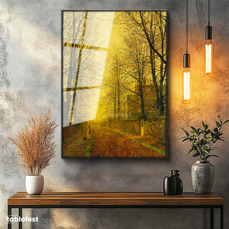 Siyah Renk Metal Çerçeveli Tamperli Cam Tablo J.A. Grimshaw Sonbahar Yolu Yürüyen Figür Gündoğumu Ressam Tablosu Dekoru
