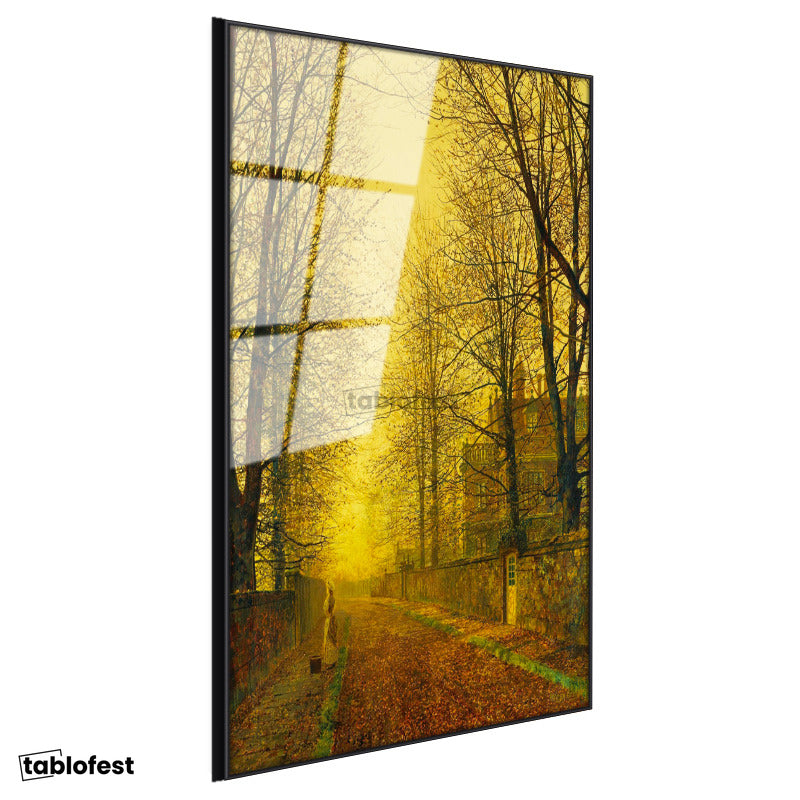 Siyah Renk Metal Çerçeveli Tamperli Cam Tablo J.A. Grimshaw Sonbahar Yolu Yürüyen Figür Gündoğumu Ressam Tablosu Dekoru