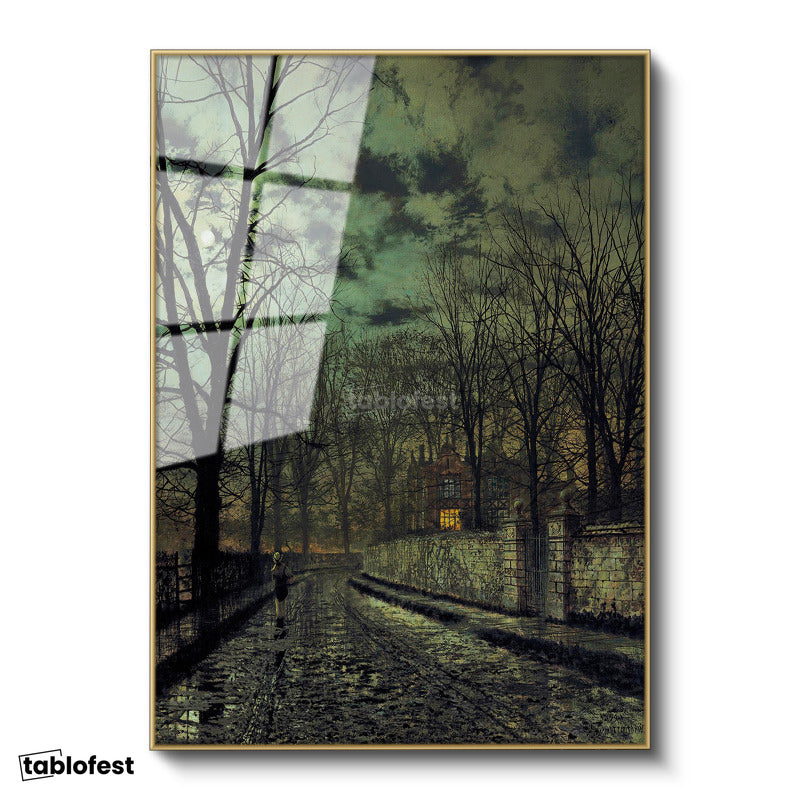 Altın Renk Metal Çerçeveli Tamperli Cam Tablo J.A. Grimshaw Yağmurlu Sokak Figürlü Gece Manzarası Ressam Tablosu Dekoru