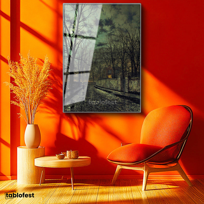 Gümüş Renk Metal Çerçeveli Tamperli Cam Tablo J.A. Grimshaw Yağmurlu Sokak Figürlü Gece Manzarası Ressam Tablosu Dekoru