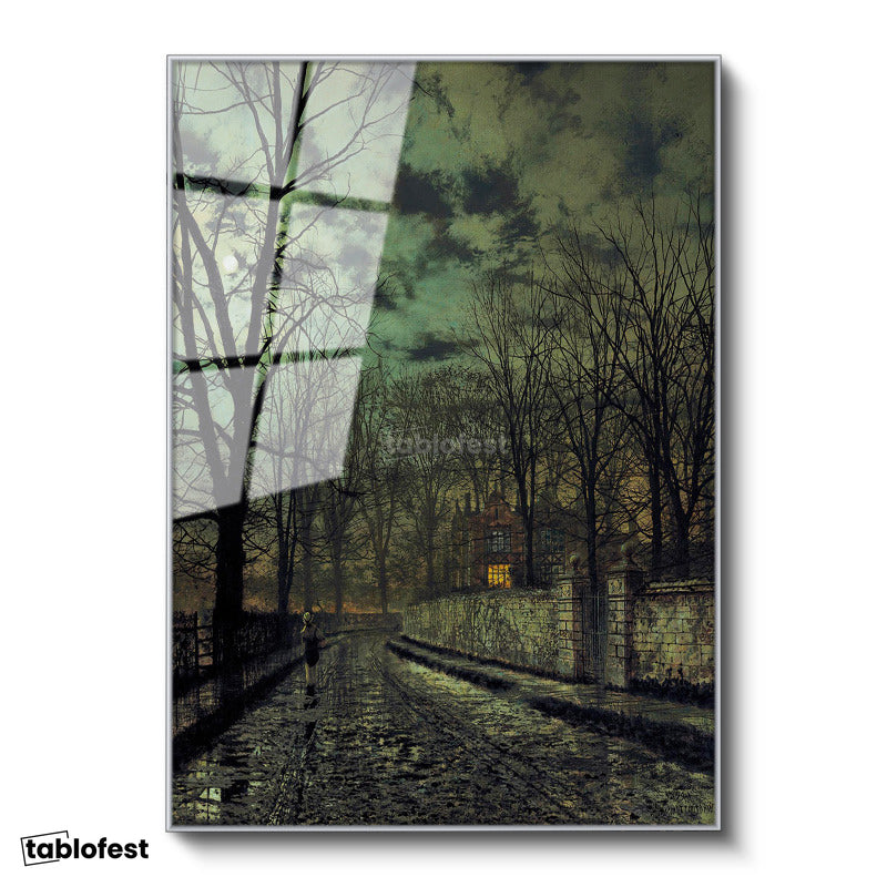 Gümüş Renk Metal Çerçeveli Tamperli Cam Tablo J.A. Grimshaw Yağmurlu Sokak Figürlü Gece Manzarası Ressam Tablosu Dekoru