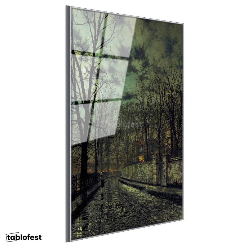 Gümüş Renk Metal Çerçeveli Tamperli Cam Tablo J.A. Grimshaw Yağmurlu Sokak Figürlü Gece Manzarası Ressam Tablosu Dekoru