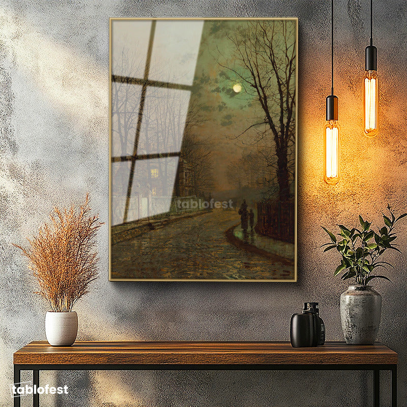 Altın Renk Metal Çerçeveli Tamperli Cam Tablo J.A. Grimshaw Islak Sokak At Arabalı Figür Dolunay Ressam Tablosu Dekoru