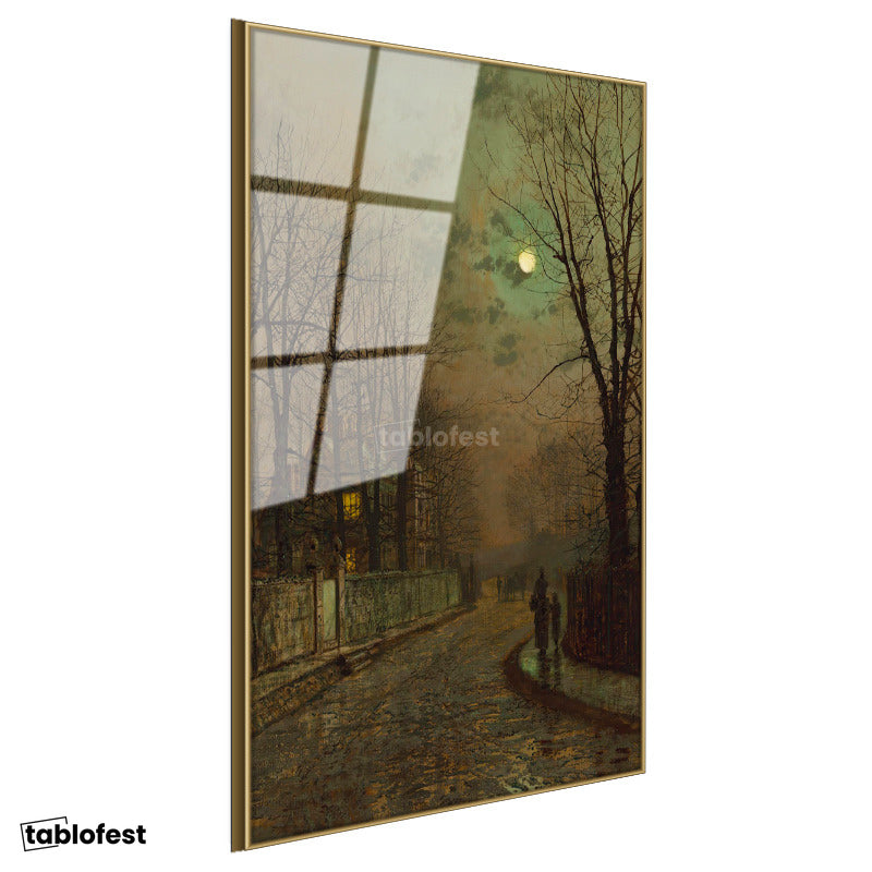 Altın Renk Metal Çerçeveli Tamperli Cam Tablo J.A. Grimshaw Islak Sokak At Arabalı Figür Dolunay Ressam Tablosu Dekoru