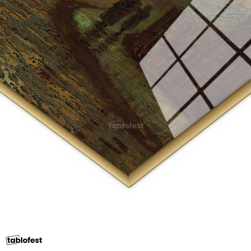 Altın Renk Metal Çerçeveli Tamperli Cam Tablo J.A. Grimshaw Islak Sokak At Arabalı Figür Dolunay Ressam Tablosu Dekoru