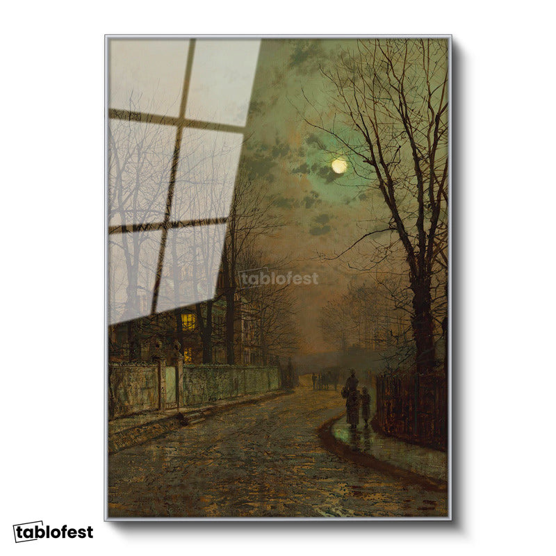 Gümüş Renk Metal Çerçeveli Tamperli Cam Tablo J.A. Grimshaw Islak Sokak At Arabalı Figür Dolunay Ressam Tablosu Dekoru