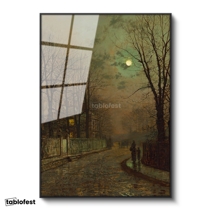 Siyah Renk Metal Çerçeveli Tamperli Cam Tablo J.A. Grimshaw Islak Sokak At Arabalı Figür Dolunay Ressam Tablosu Dekoru