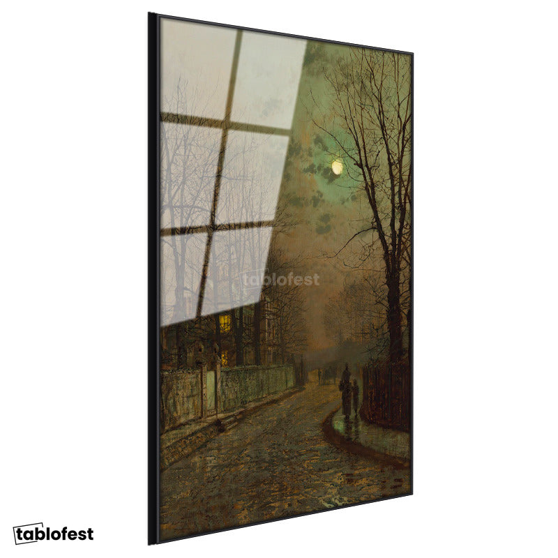 Siyah Renk Metal Çerçeveli Tamperli Cam Tablo J.A. Grimshaw Islak Sokak At Arabalı Figür Dolunay Ressam Tablosu Dekoru