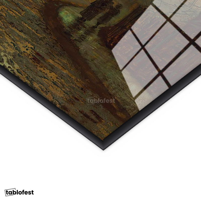 Siyah Renk Metal Çerçeveli Tamperli Cam Tablo J.A. Grimshaw Islak Sokak At Arabalı Figür Dolunay Ressam Tablosu Dekoru