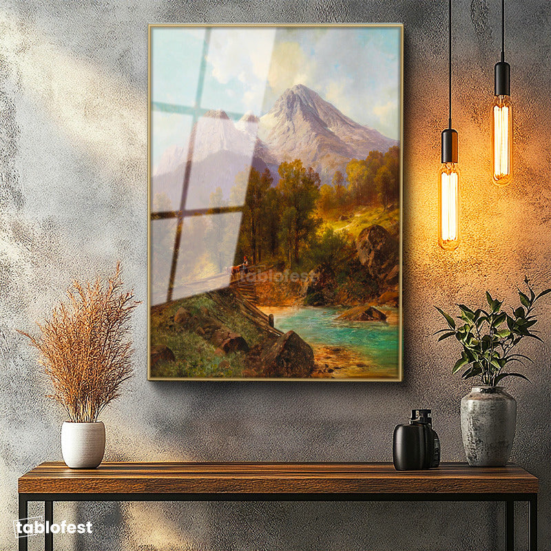 Altın Renk Metal Çerçeveli Tamperli Cam Tablo Andreas Achenbach Dağlık Manzara Köprülü Dere Ressam Tablosu Dekoru