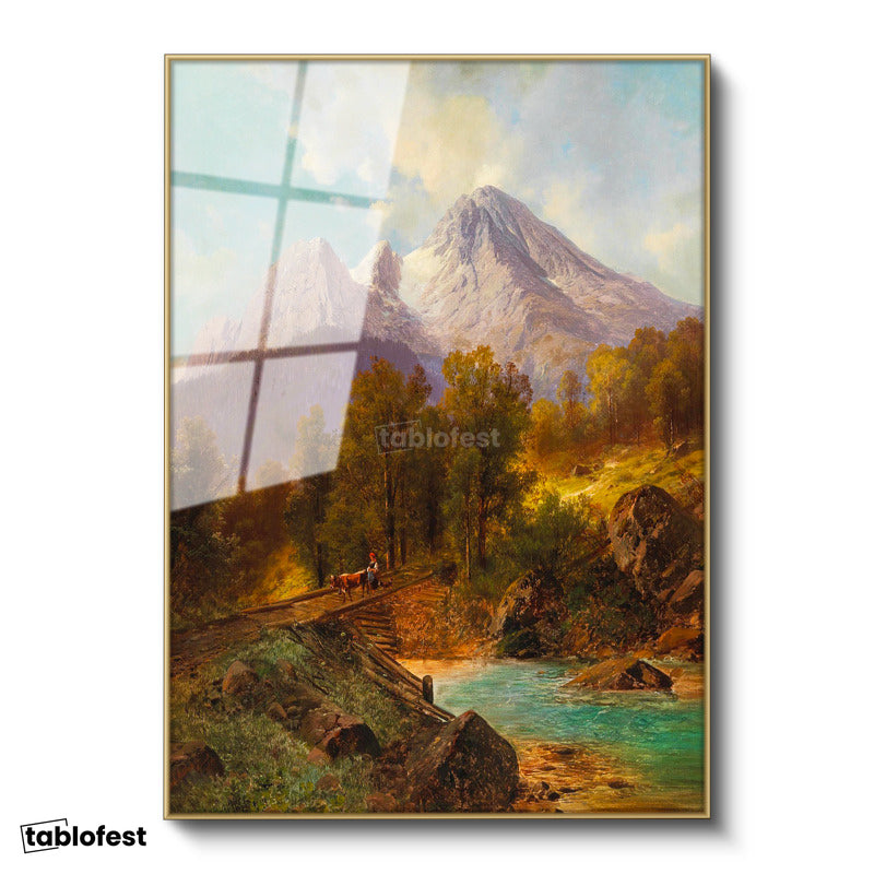 Altın Renk Metal Çerçeveli Tamperli Cam Tablo Andreas Achenbach Dağlık Manzara Köprülü Dere Ressam Tablosu Dekoru