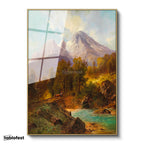 Altın Renk Metal Çerçeveli Tamperli Cam Tablo Andreas Achenbach Dağlık Manzara Köprülü Dere Ressam Tablosu Dekoru