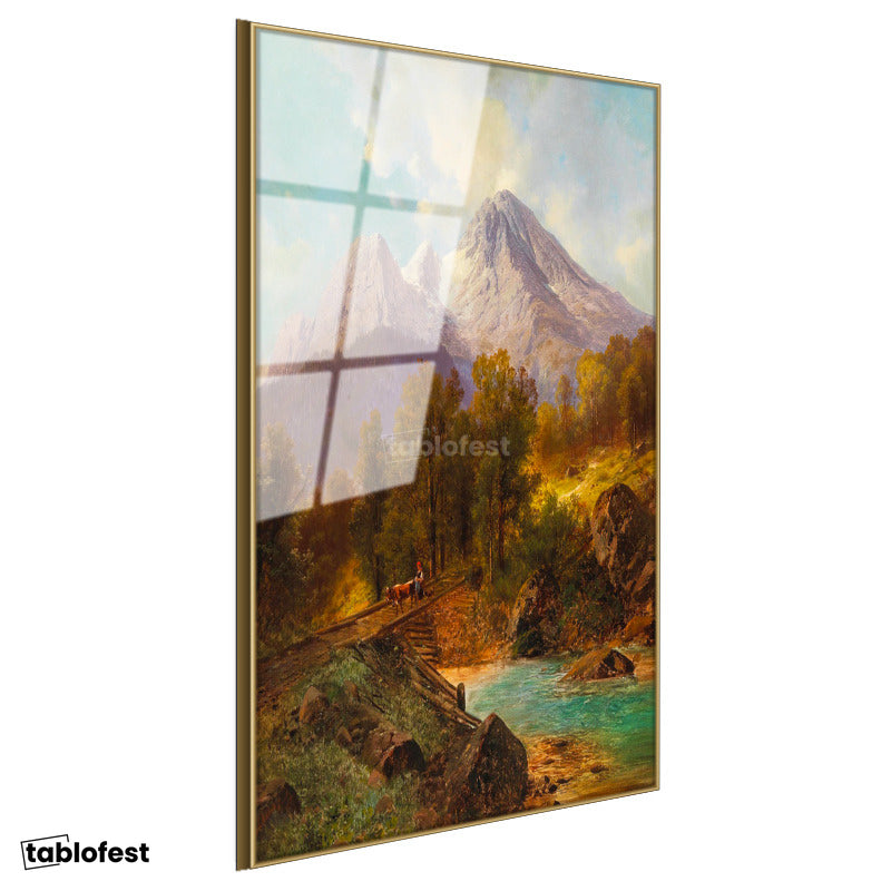 Altın Renk Metal Çerçeveli Tamperli Cam Tablo Andreas Achenbach Dağlık Manzara Köprülü Dere Ressam Tablosu Dekoru