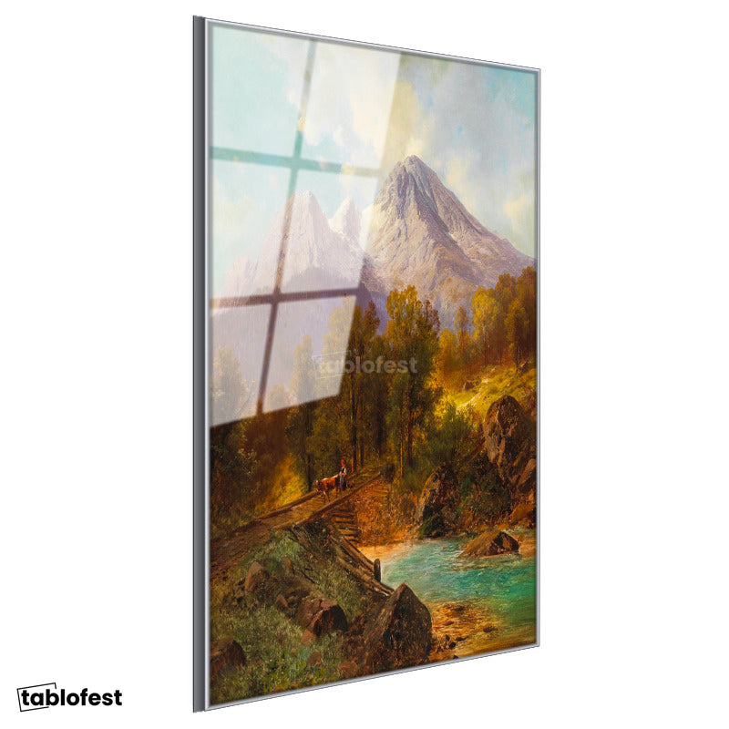 Gümüş Renk Metal Çerçeveli Tamperli Cam Tablo Andreas Achenbach Dağlık Manzara Köprülü Dere Ressam Tablosu Dekoru