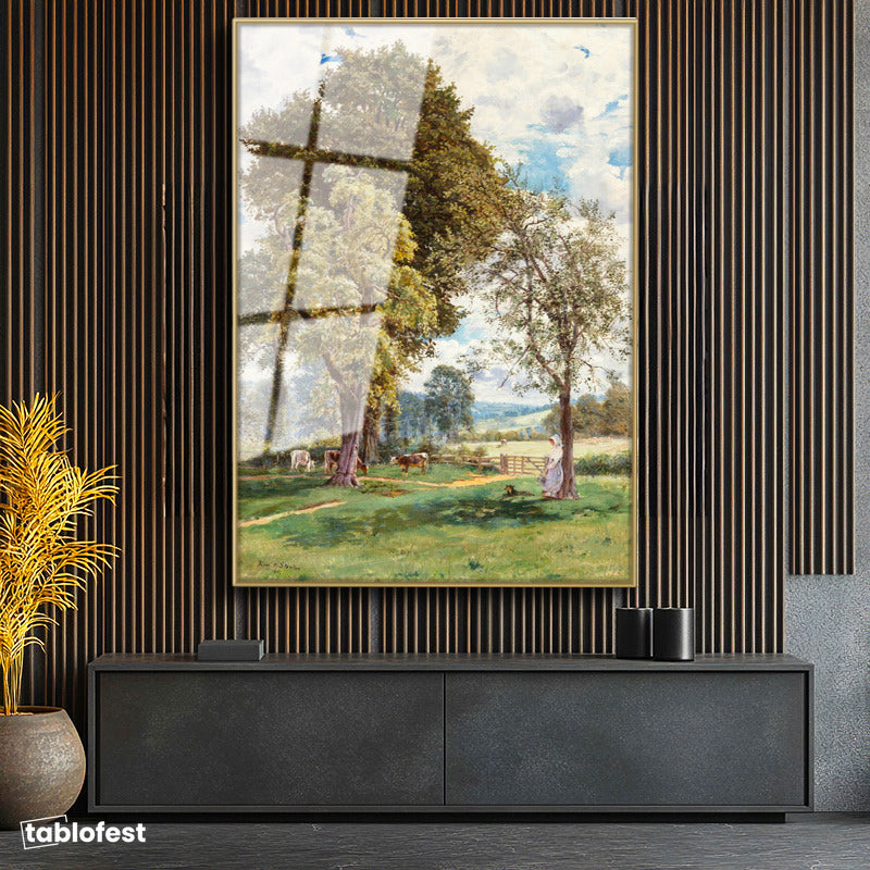 Altın Renk Metal Çerçeveli Tamperli Cam Tablo T.S.C. Ağaç Altı Çiftlik Manzarası İnekler ve Figür Ressam Tablosu Dekoru