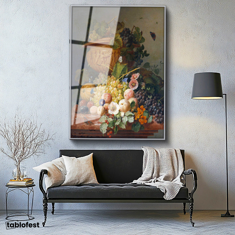 Gümüş Renk Metal Çerçeveli Tamperli Cam Tablo J.L.R. Meyve ve Çiçekler Vazoda Böcekli Natürmort Ressam Tablosu Dekoru