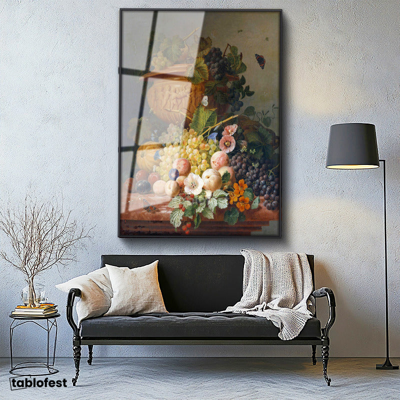 Siyah Renk Metal Çerçeveli Tamperli Cam Tablo J.L.R. Meyve ve Çiçekler Vazoda Böcekli Natürmort Ressam Tablosu Dekoru