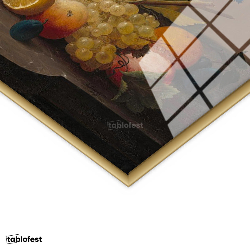 Altın Renk Metal Çerçeveli Tamperli Cam Tablo Severin Roesen Lale ve Meyve Tabağı Beyaz Gül Ressam Tablosu Duvar Dekoru
