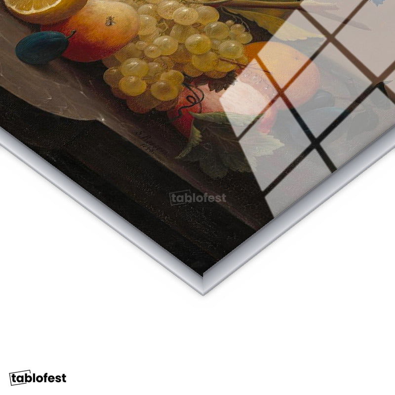Gümüş Renk Metal Çerçeveli Tamperli Cam Tablo Severin Roesen Lale ve Meyve Tabağı Beyaz Gül Ressam Tablosu Duvar Dekoru