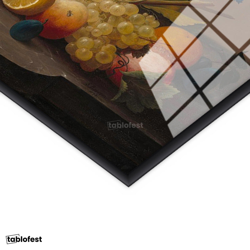 Siyah Renk Metal Çerçeveli Tamperli Cam Tablo Severin Roesen Lale ve Meyve Tabağı Beyaz Gül Ressam Tablosu Duvar Dekoru