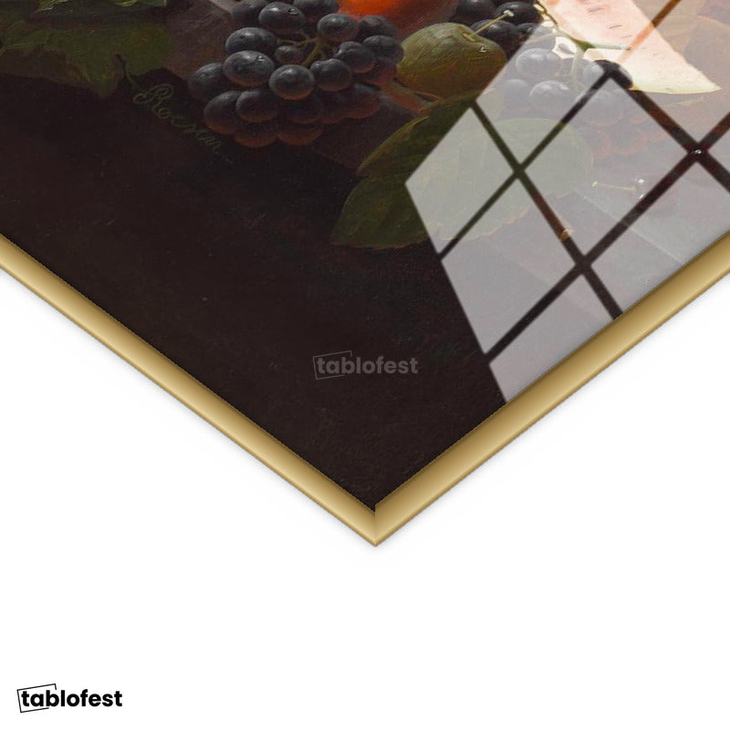 Altın Renk Metal Çerçeveli Tamperli Cam Tablo Severin Roesen Beyaz Şaraplı Kadeh Çilek Üzüm Ressam Tablosu Dekoru