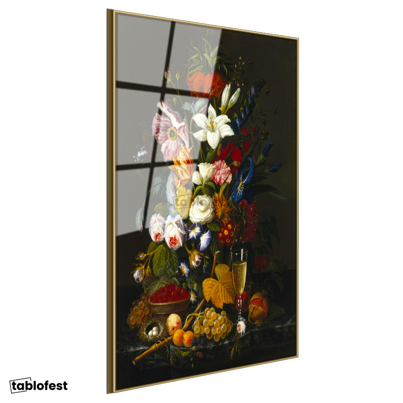 Altın Renk Metal Çerçeveli Tamperli Cam Tablo Severin Roesen Kristal Kadeh Kuş Yumurtası Çiçek Ressam Tablosu Dekoru