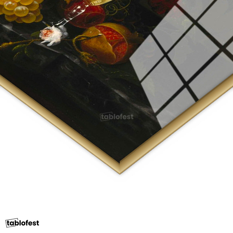 Altın Renk Metal Çerçeveli Tamperli Cam Tablo Severin Roesen Kristal Kadeh Kuş Yumurtası Çiçek Ressam Tablosu Dekoru