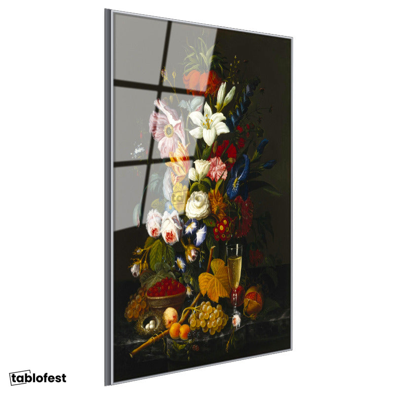 Gümüş Renk Metal Çerçeveli Tamperli Cam Tablo Severin Roesen Kristal Kadeh Kuş Yumurtası Çiçek Ressam Tablosu Dekoru