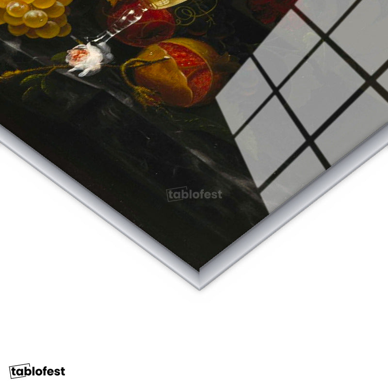 Gümüş Renk Metal Çerçeveli Tamperli Cam Tablo Severin Roesen Kristal Kadeh Kuş Yumurtası Çiçek Ressam Tablosu Dekoru
