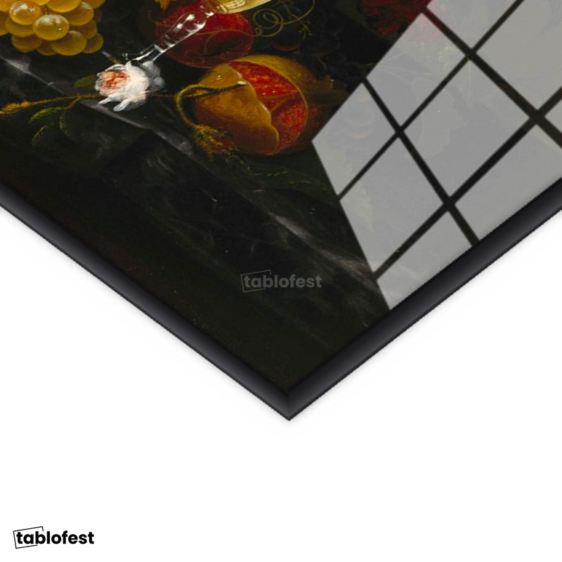 Siyah Renk Metal Çerçeveli Tamperli Cam Tablo Severin Roesen Kristal Kadeh Kuş Yumurtası Çiçek Ressam Tablosu Dekoru