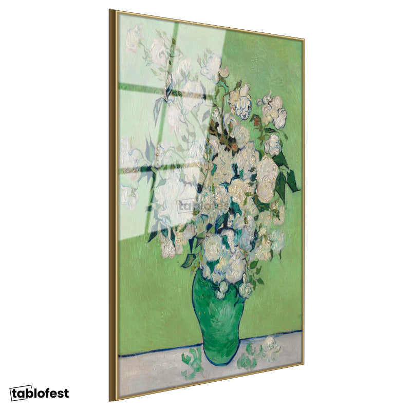 Altın Renk Metal Çerçeveli Tamperli Cam Tablo Vincent van Gogh Beyaz Güller ve Yeşil Vazo Zemin Ressam Tablosu Dekoru