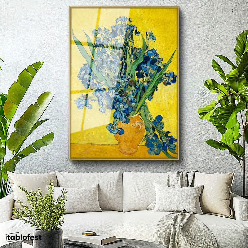 Altın Renk Metal Çerçeveli Tamperli Cam Tablo Vincent van Gogh Mavi İrisler Sarı Fonlu Vazo Ressam Tablosu Dekoru