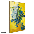 Altın Renk Metal Çerçeveli Tamperli Cam Tablo Vincent van Gogh Mavi İrisler Sarı Fonlu Vazo Ressam Tablosu Dekoru