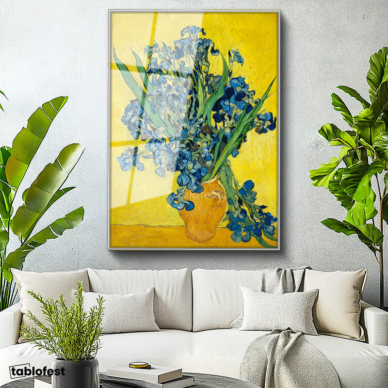 Gümüş Renk Metal Çerçeveli Tamperli Cam Tablo Vincent van Gogh Mavi İrisler Sarı Fonlu Vazo Ressam Tablosu Dekoru